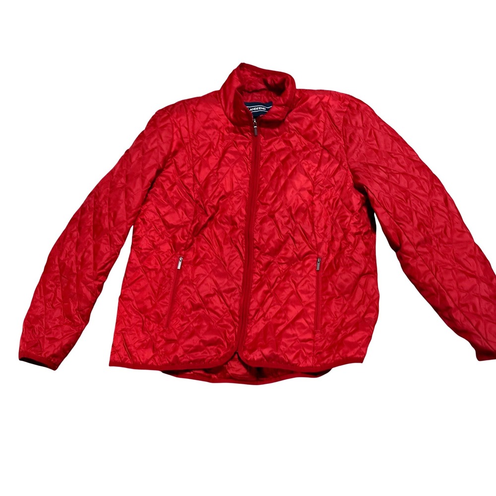 Lands End Boys Red Quilted Primaloft Puffer Jacket XL 18 Full Zip Mock Neck